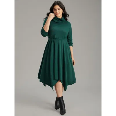 Bloomchic Women's Plus Size Solid Turtleneck Hanky Hem Pocket Dress Darkgreen Dailywear Plain 14-16/1x In Green