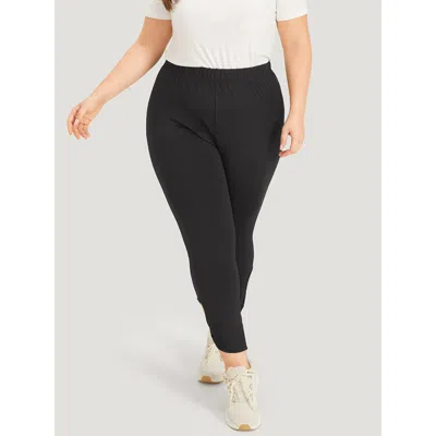 Bloomchic Women's Plus Size Solid Twist Front Elastic Waist Leggings Black High Stretch High Rise Dailywear 12