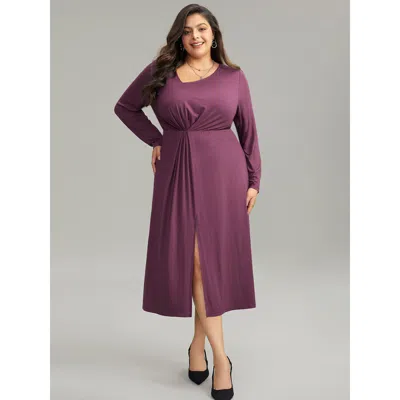 Bloomchic Women's Plus Size Solid Twist Front Gathered Split Hem Dress Mauve Office Plain 12/l In Purple