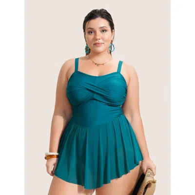 Bloomchic Women's Plus Size Solid Twist Front Heart Neckline Swim Dress Teal Non Twist Adaptive-fit 10/m In Blue