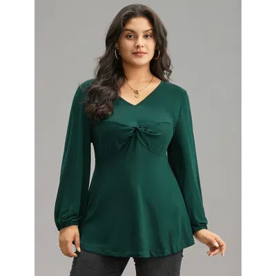 Bloomchic Women's Plus Size Solid Twist Front Ruched Lantern Sleeve T-shirt Darkgreen Long Sleeve Dailywear 10 In Green