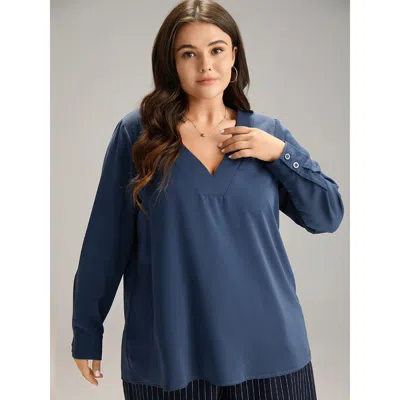Bloomchic Women's Plus Size Solid V Neck Button Up Pleated Blouse Indigo Office Long Sleeve 12/l In Purple