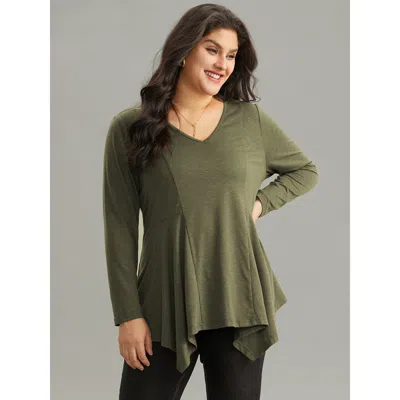 Bloomchic Women's Plus Size Solid V Neck Hanky Hem T-shirt Armygreen Long Sleeve Dailywear 14-16/1x