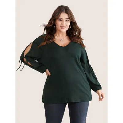 Bloomchic Women's Plus Size Solid V Neck Knot Ties T-shirt Darkgreen Everyday Long Sleeve 10/m In Green