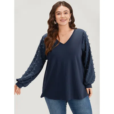 Bloomchic Women's Plus Size Solid V Neck Patchwork Elastic Cuffs Sweatshirt Blue Plain Dailywear 18-20/2x
