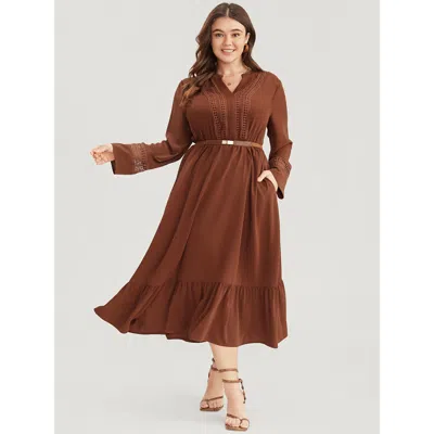 Bloomchic Women's Plus Size Solid V Neck Pocket Contrast Lace Ruffle Hem Dress Russet Solid Office Patchwork 1 In Brown