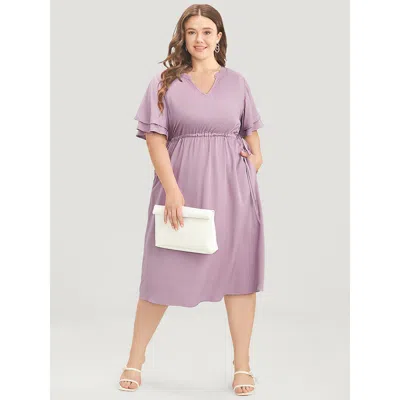 Bloomchic Women's Plus Size Solid V Neck Ruffle Tiered Sleeve Pocket Drawstring Dress Mauve Office Drawstring  In Purple
