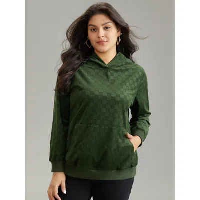 Bloomchic Women's Plus Size Solid Velvet Checkered Hooded Pocket Sweatshirt Green Checkered Dailywear 14-16/1x