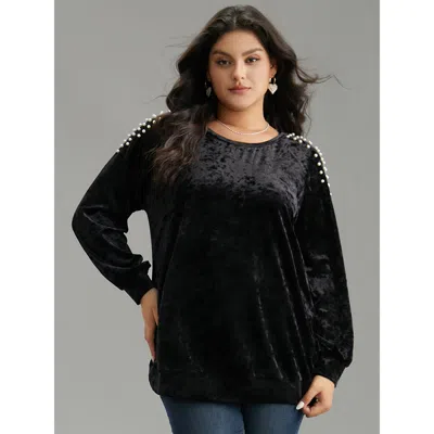Bloomchic Women's Plus Size Solid Velvet Pearl Beaded Raglan Sleeve Sweatshirt Black Plain Dailywear 18-20/2x