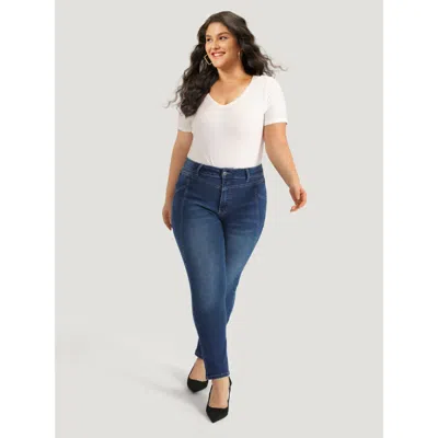 Bloomchic Women's Plus Size Solid Very Stretchy Patchwork High Rise Jeans Blue Plain Plain High Stretch 10/m
