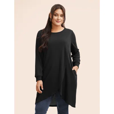 Bloomchic Women's Plus Size Solid Waffle Knit Overlap Hem T-shirt Black Solid Casual Long Sleeve Round Neck 10