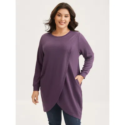 Bloomchic Women's Plus Size Solid Waffle Knit Overlap Hem T-shirt Eggplant Solid Casual Long Sleeve Round Neck In Purple