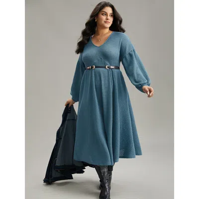Bloomchic Women's Plus Size Solid Waffle Knit Pocket Lantern Sleeve Dress Aegean Dailywear Texture 22-24/3x In Blue