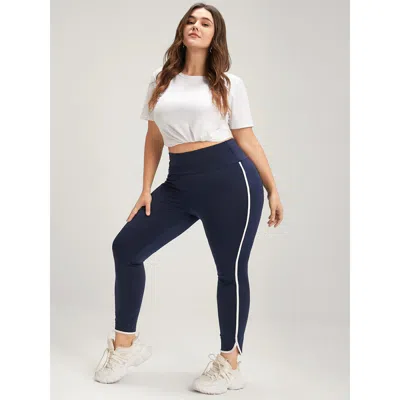 Bloomchic Women's Plus Size Solid Wide Waistband Contrast Trim Skinny Leggings Darkblue High Stretch High Rise In Blue
