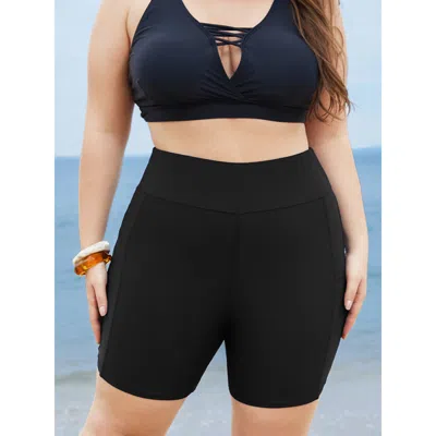 Bloomchic Women's Plus Size Solid Wide Waistband Swim Shorts Black Solid Cropped Non Elastic Waist 12/l