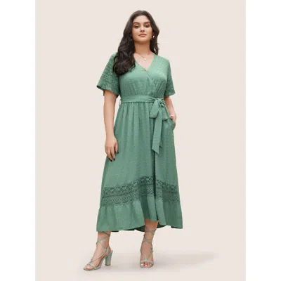 Bloomchic Women's Plus Size Solid Wrap Pocket Belted Contrast Lace Ruffle Trim Maxi Dress Mint Solid Midi Vaca In Green