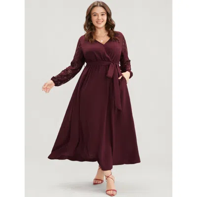 Bloomchic Women's Plus Size Solid Wrap Pocket Lantern Sleeve Lace Belted Maxi Dress Burgundy Solid Dailywear 1