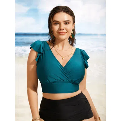 Bloomchic Women's Plus Size Solid Wrap Ruffle Cap Sleeve Swim Top Cyan Non Pleated 30/6x In Blue