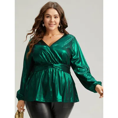 Bloomchic Women's Plus Size Solid Wrap Twist Front Gathered Blouse Emerald Festival-christmas Long Sleeve 12/l In Green