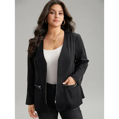 Bloomchic Women's Plus Size Solid Zipper Fly Pocket Blazer Black Plain Plain Sleeve Long Sleeve 10/m