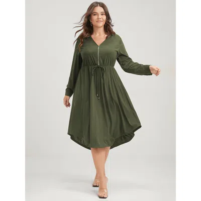 Bloomchic Women's Plus Size Solid Zipper Pocket Flutter Drawstring Asymmetrical Hem Dress Armygreen Solid Offi