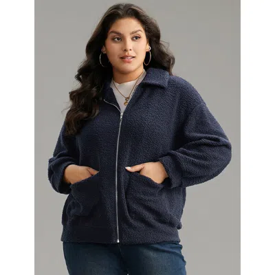 Bloomchic Women's Plus Size Solid Zipper Pocket Teddy Jacket Darkblue Plain 12/l In Blue