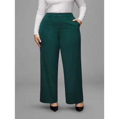 Bloomchic Women's Plus Size Sparkle Knit Wide-leg Pants Darkgreen Non Wide Leg Mid Rise Party 12/l In Green