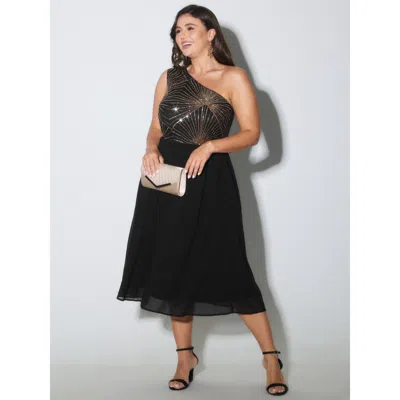 Bloomchic Women's Plus Size Sparkle Sequin One-shoulder Midi Dress Black Non Midi Party Embroidered 30/6x