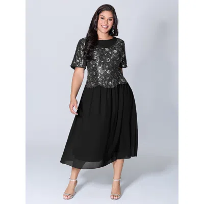 Bloomchic Women's Plus Size Sparkly 2-in-1 Color Contrast Midi Dress Black Non Midi Party Colorblock 10/m