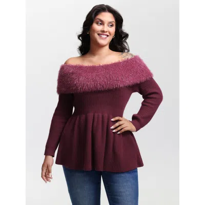 Bloomchic Women's Plus Size Sparkly Fur Off-shoulder A-line Pullover Plum Not Graphics Long Sleeve Off-shoulde In Purple