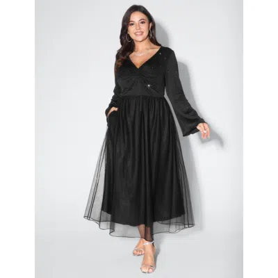 Bloomchic Women's Plus Size Sparkly Mesh Pockets Ruched Bodice Midi Dress Black Synthetic Texture Maxi Party 1