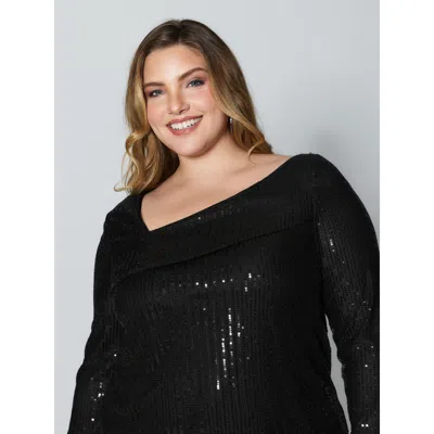 Bloomchic Women's Plus Size Sparkly Sequin Asymmetrical Neckline Blouse Black Synthetic Texture Party Long Sle