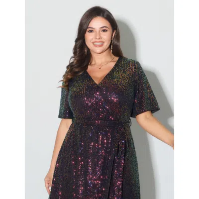 Bloomchic Women's Plus Size Sparkly Sequin Belt Waist Midi Dress Multicolor Metallic Midi Party Non 10/m