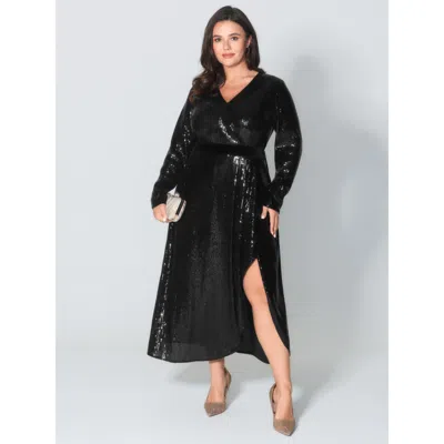 Bloomchic Women's Plus Size Sparkly Sequin Waist-defining Sheer Maxi Dress Black Synthetic Texture Maxi Party 