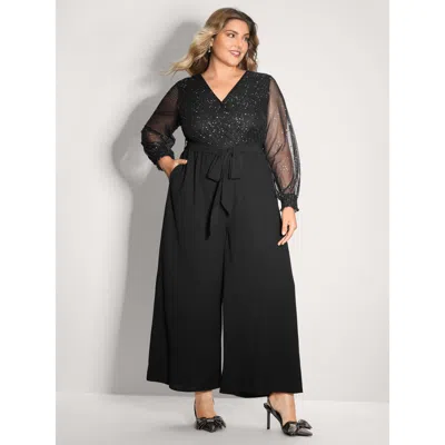 Bloomchic Women's Plus Size Sparkly V Neck Sheer Belted Wide Leg Jumpsuit Black Party 22-24/3x