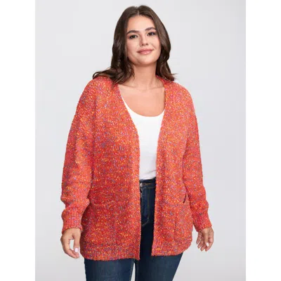 Bloomchic Women's Plus Size Speckled Textured Pockets Knit Cardigan Brightorange Long Sleeve V-neck 10/m