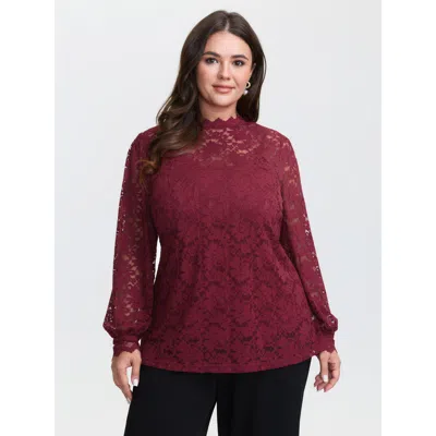 Bloomchic Women's Plus Size Spice It Up Sheer Lace Blouse Scarlet Solid Elegant Long Sleeve Mock Neck 14-16/1x In Red