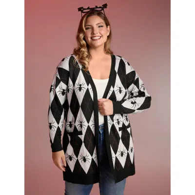 Bloomchic Women's Plus Size Spider Check Jacquard Pockets Knit Cardigan Black Long Sleeve 12/l