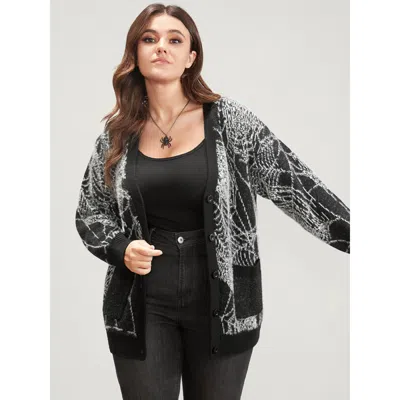 Bloomchic Women's Plus Size Spider Web Plush Knit Pocket Button Front Cardigan Blackflower Long Sleeve 28/5x