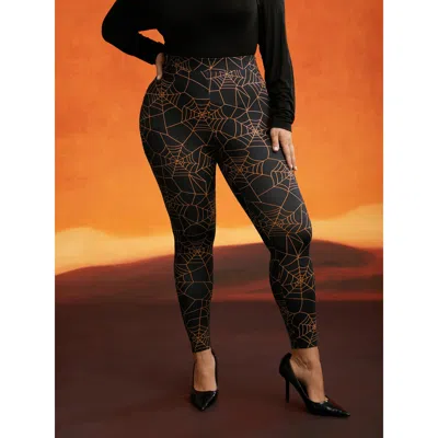 Bloomchic Women's Plus Size Spider Web Printed Slim-fit Pants Brightorange High Stretch Skinny Fit Mid Rise Ca