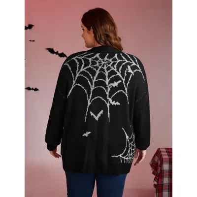 Bloomchic Women's Plus Size Spiderweb Bat Jacquard Pockets Knit Cardigan Black Long Sleeve 12/l
