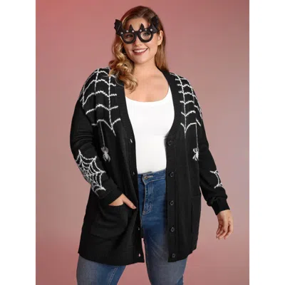 Bloomchic Women's Plus Size Spiderweb Jacquard Pockets Button Knit Cardigan Black Long Sleeve 14-16/1x