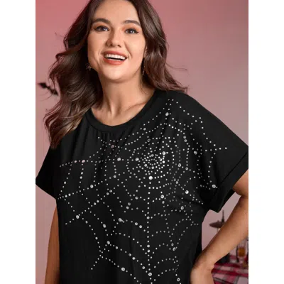 Bloomchic Women's Plus Size Spiderweb Rhinestone Stretchy Solid T-shirt Black Non Casual Short Sleeve 12/l
