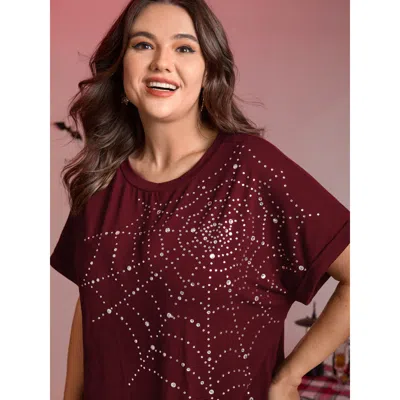 Bloomchic Women's Plus Size Spiderweb Rhinestone Stretchy Solid T-shirt Burgundy Non Casual Short Sleeve 10/m