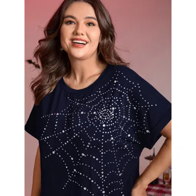 Bloomchic Women's Plus Size Spiderweb Rhinestone Stretchy Solid T-shirt Indigo Non Casual Short Sleeve 14-16/1 In Purple