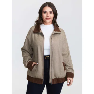 Bloomchic Women's Plus Size Spliced Color Contrast Pockets Zipper Jacket Browncoffeecolor Texture O-line 10/m