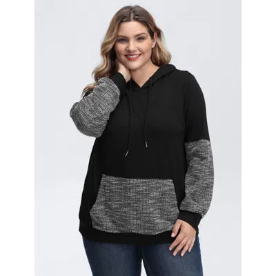 Bloomchic Women's Plus Size Spliced Color Contrast Textured Hoodie Black Casual Hooded Neck 10/m
