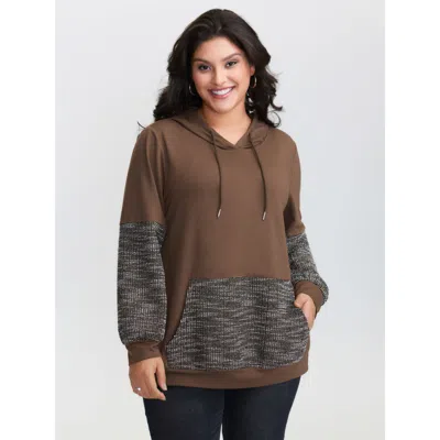 Bloomchic Women's Plus Size Spliced Color Contrast Textured Hoodie Darkbrown Casual Hooded Neck 10/m In Brown