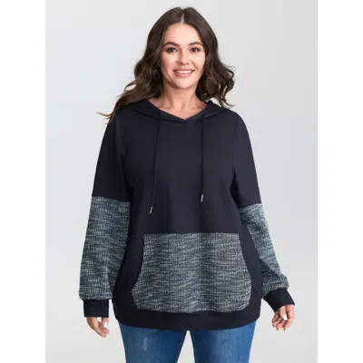 Bloomchic Women's Plus Size Spliced Color Contrast Textured Hoodie Midnight Casual Hooded Neck 10/m In Blue