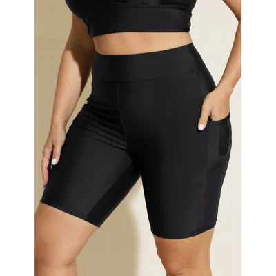 Bloomchic Women's Plus Size Spliced Mesh Plain Swim Bottoms Black Solid Cropped Patchwork Elastic Waist 18-20/